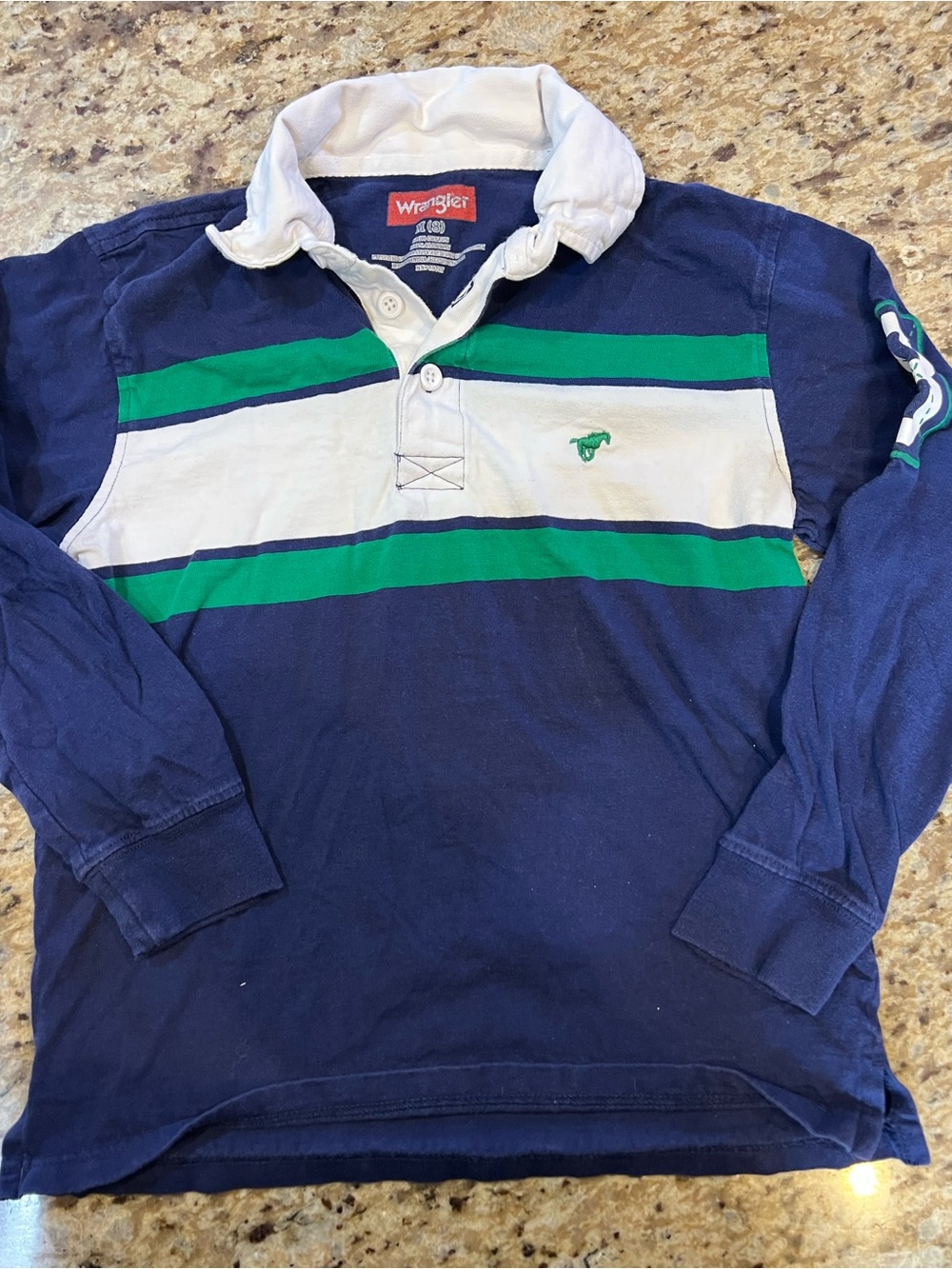 Wrangler Navy, White & Green Striped Long-Sleeve Rugby Polo